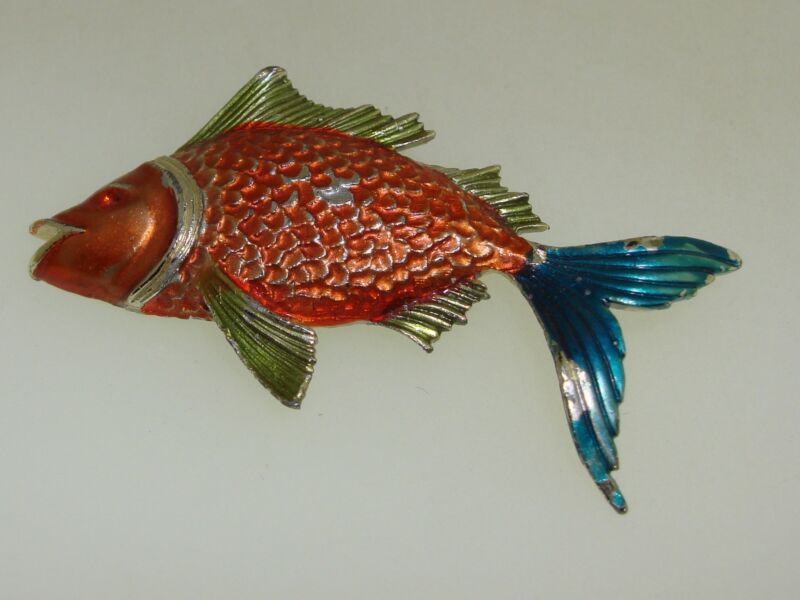 Vintage 1970s enamel goldfish pin signed J.J.