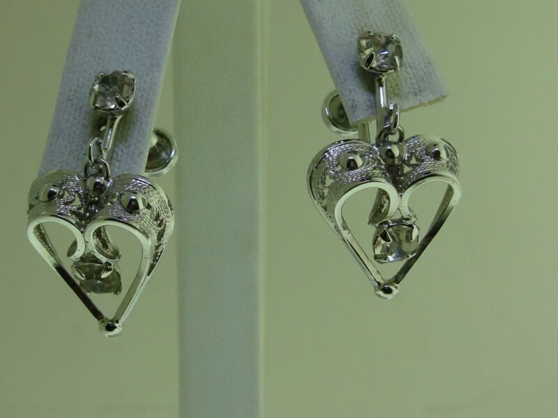 Vintage Espó Flex sterling silver heart dangle earrings with rhinestone