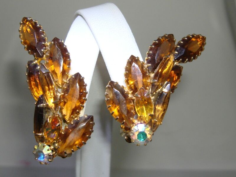 Vintage 1970s amber and AB rhinestone clip-on earrings