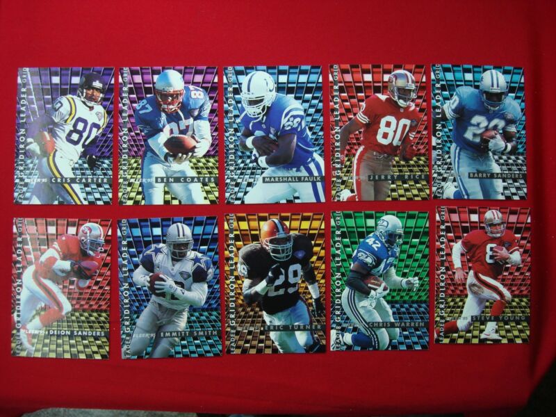1995 Fleer Gridiron Leaders 10-card insert set featuring Barry Sanders, Emmitt Smith, and Steve Young