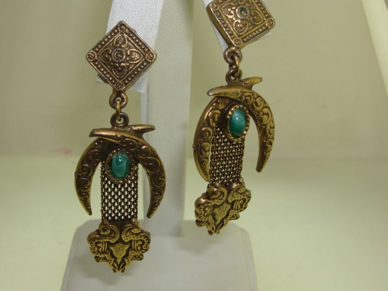 Vintage 1940s Egyptian Revival mesh earrings with faux jade