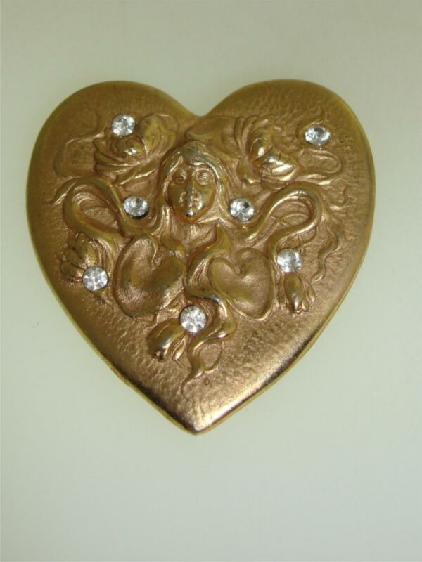 Vintage Art Nouveau Gold Tone Heart Pin with Floral Design & Rhinestones