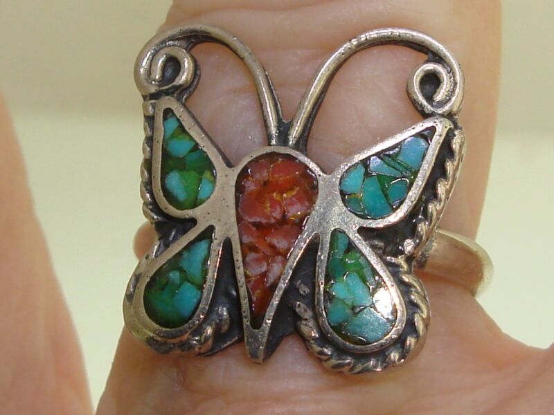 Vintage 1970s Southwestern sterling silver butterfly ring with turquoise and coral