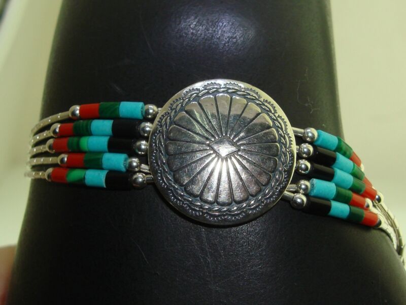 Vintage Sterling Silver Turquoise & Coral Bracelet