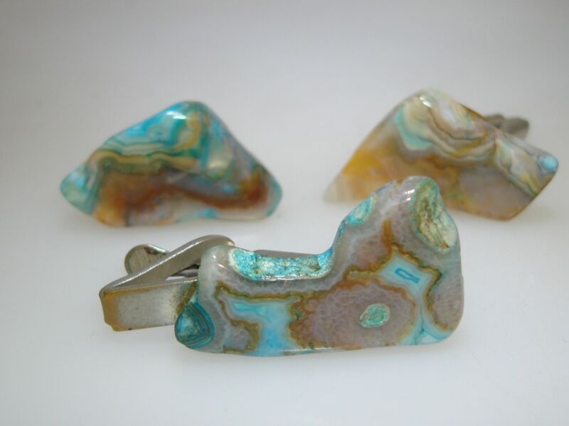 Vintage 1960s agate cufflinks and tie bar set, polished blue/purple slices