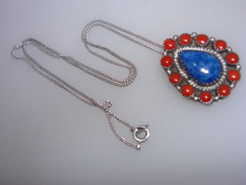 Vintage Native American sterling silver coral and lapis lazuli pendant signed SS