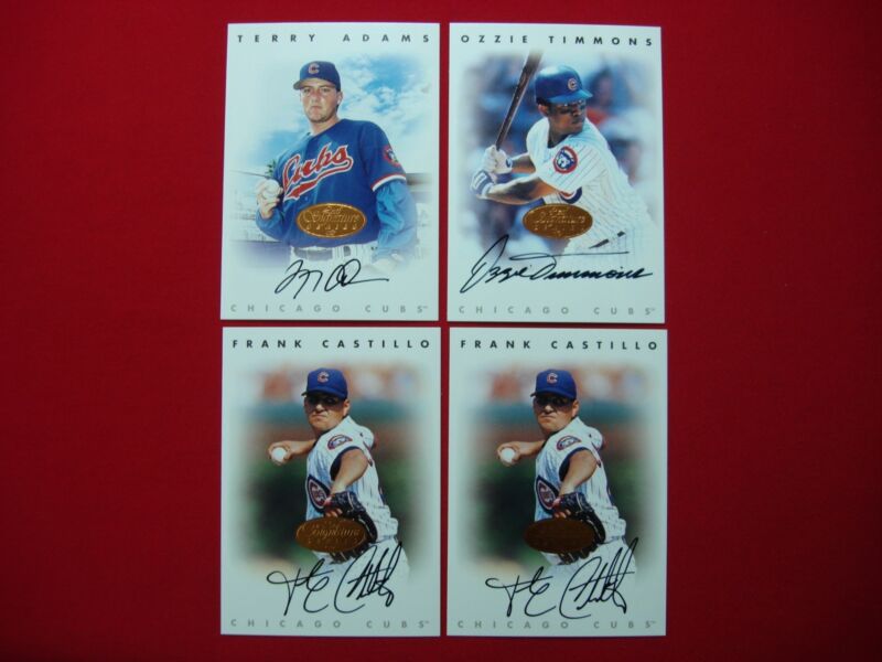 Set of 4 vintage 1996 Leaf Signature Series autographed Chicago Cubs baseball cards featuring Frank Castillo (2), Ozzie Timmons, and Terry Adams.