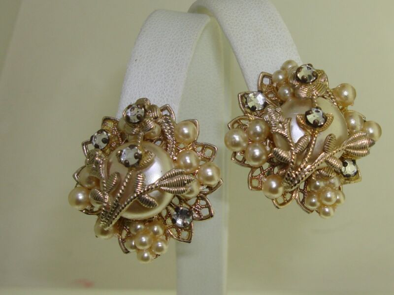 Vintage 1950s faux pearl and rhinestone earrings, Miriam Haskell inspired