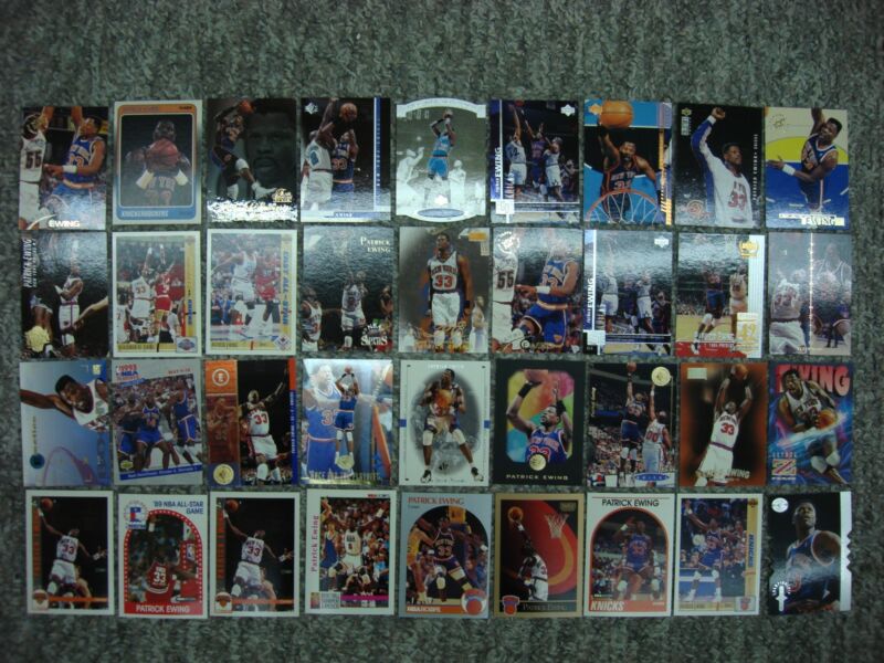 Patrick Ewing basketball card collection featuring 34 cards, including premiums and die-cuts