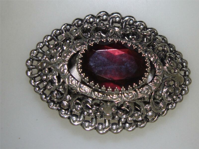 Vintage 1970s Amethyst Filigree Brooch