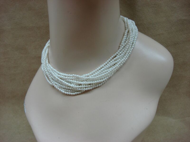 Vintage 1970s faux pearl choker necklace, 12 strands creamy white