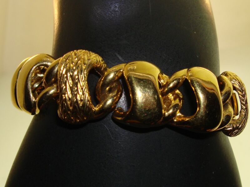 Vintage Monet Gold Tone Woven & Smooth Link Bracelet, 1980s Era