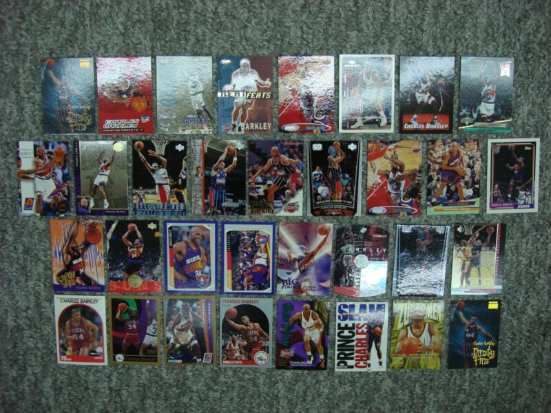 Collection of 32 Charles Barkley basketball cards, including inserts and die-cut cards