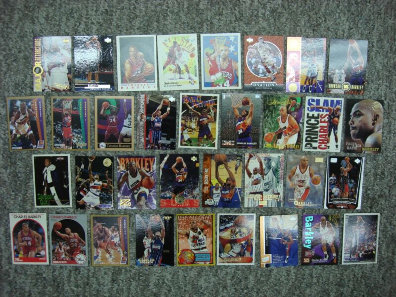 Charles Barkley basketball card collection featuring 34 cards from his Sixer, Suns, and Rockets eras