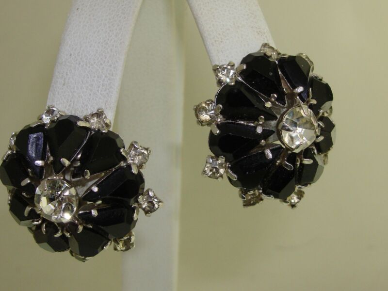 Vintage black and clear rhinestone clip-on earrings