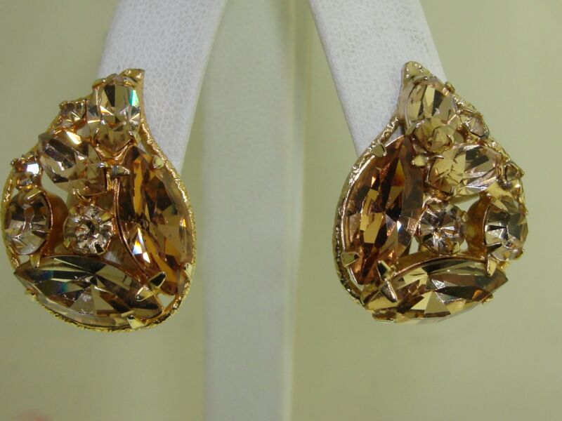 Vintage gold-tone rhinestone drop earrings, mid-century style