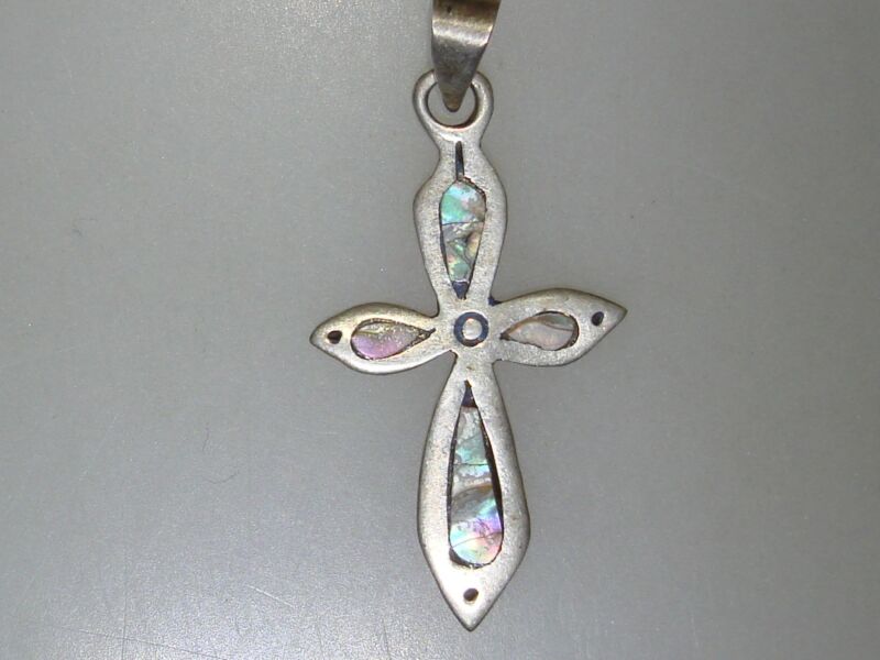 Vintage Taxco sterling silver abalone cross pendant (1940s-50s) signed CET