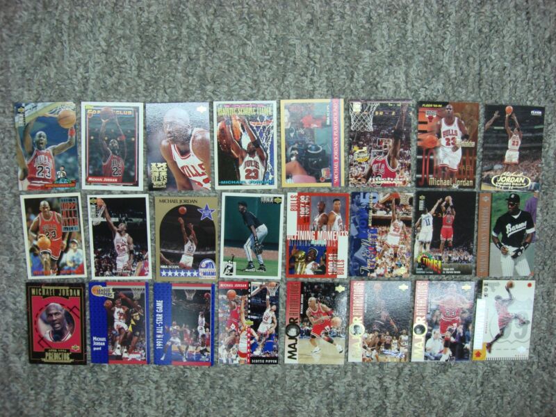 Vintage Michael Jordan card lot featuring 24 basketball and baseball cards from the Chicago Bulls and White Sox.