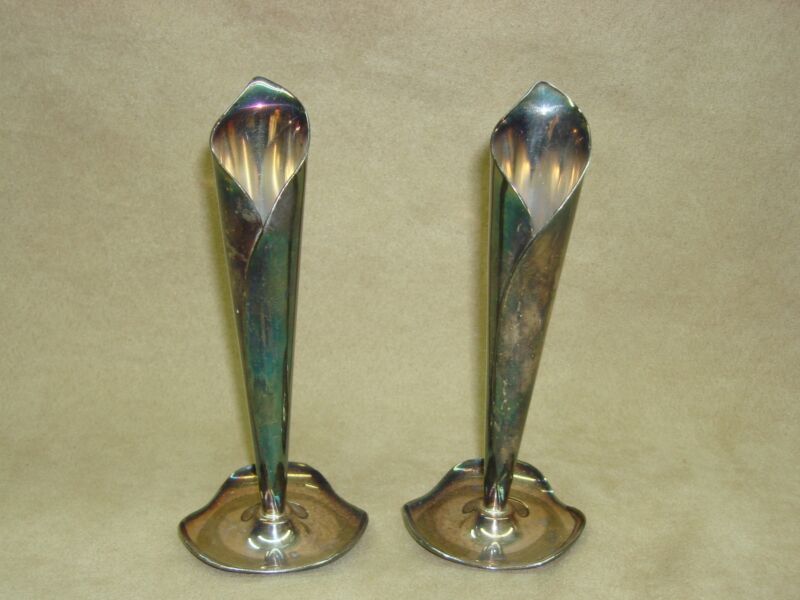 Pair of vintage Hans Jensen Calla Lily silver plate bud vases, mid-century modern design, Denmark, 6 inches tall