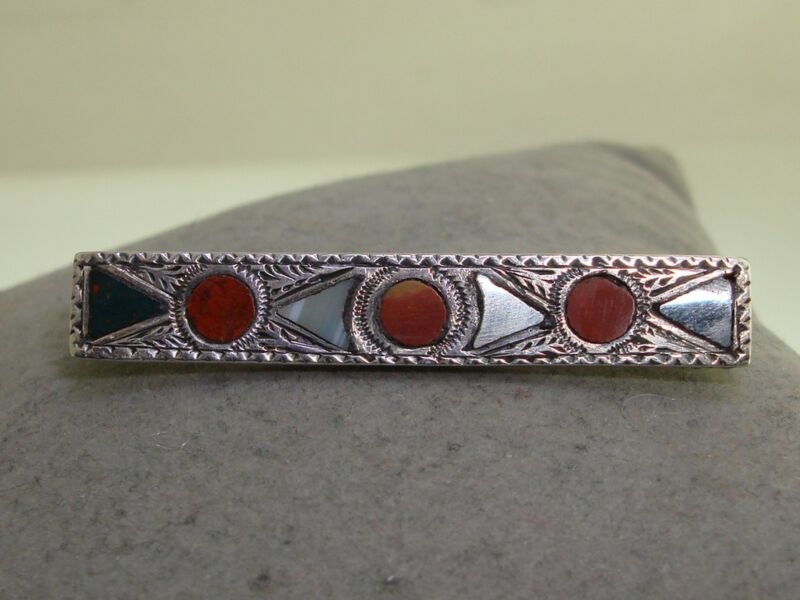 Antique Scottish Sterling Silver Agate & Bloodstone Bar Pin - Xmas 1902