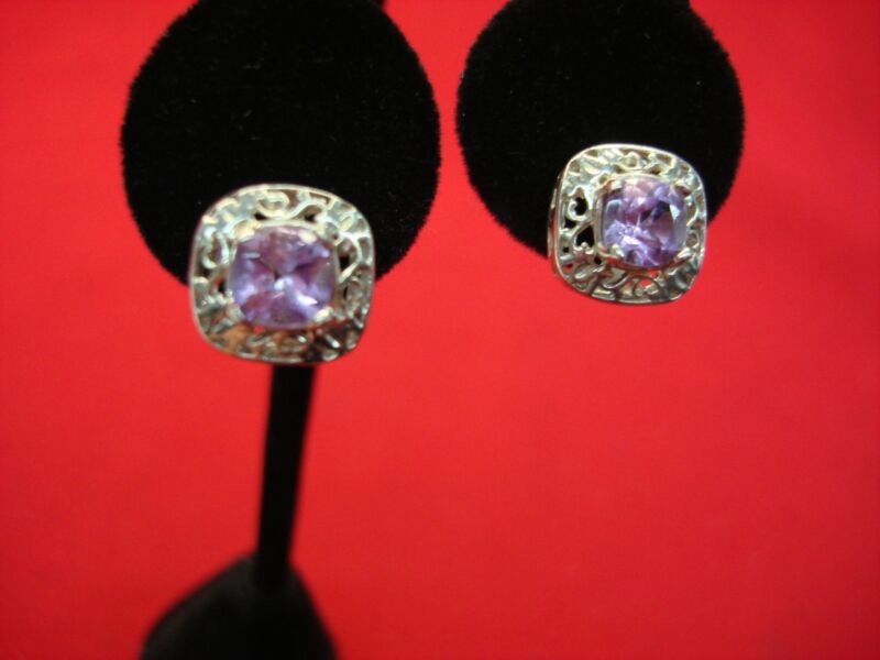 Sterling silver amethyst stud earrings with square cut stones and filigree setting
