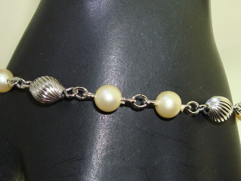 Vintage Sterling Silver Faux Pearl Bracelet - Signed CC