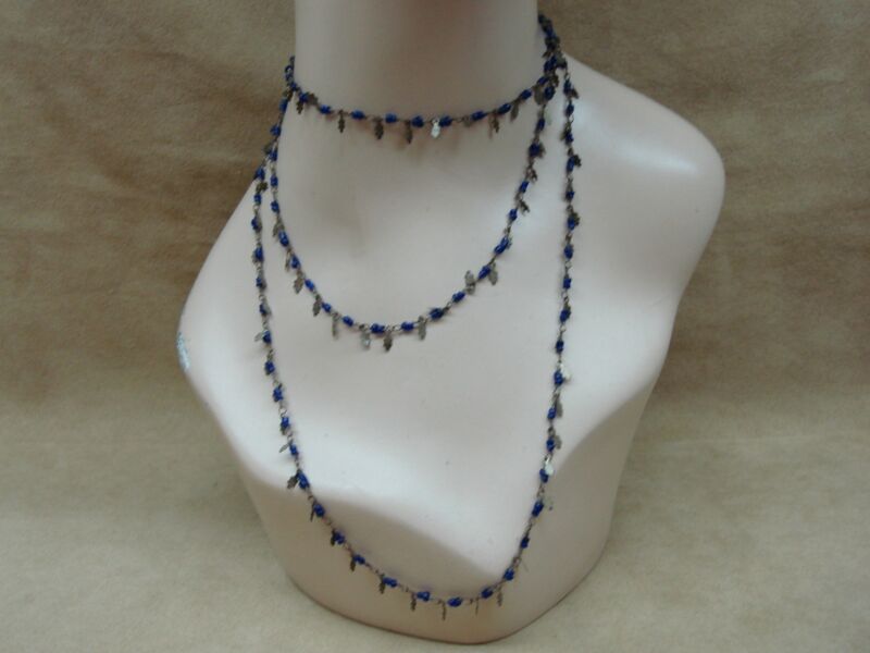Art Deco Blue Glass & Silver Leaf Spacer Necklace - Vintage