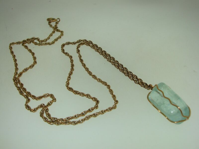 Vintage gold-filled wire-wrapped aqua obsidian pendant necklace
