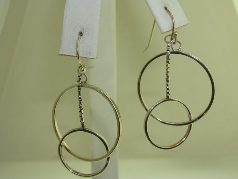 Sterling silver dangle hoop earrings, unique 2-inch design, mint condition