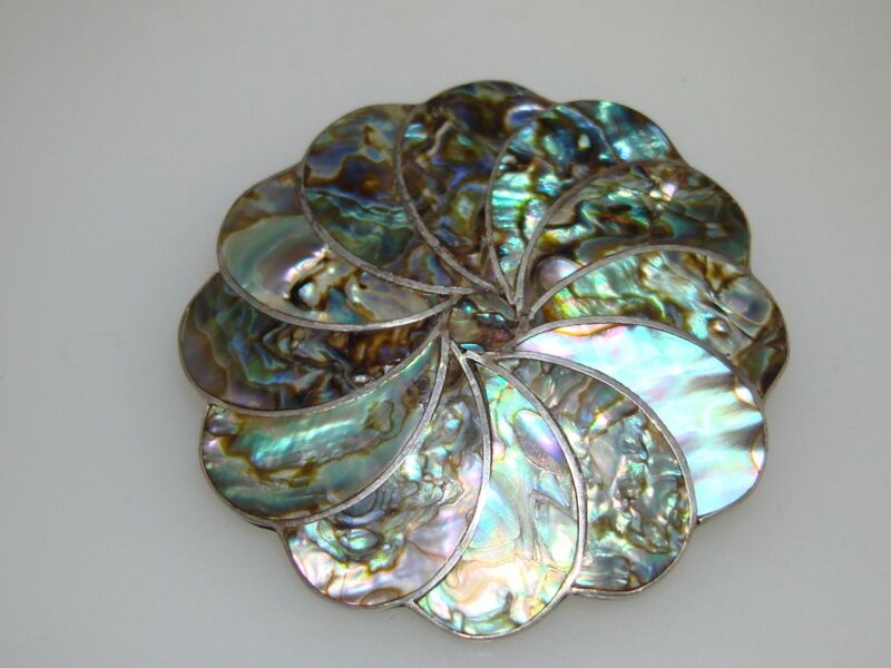 Vintage Taxco sterling silver abalone inlay brooch signed CBL