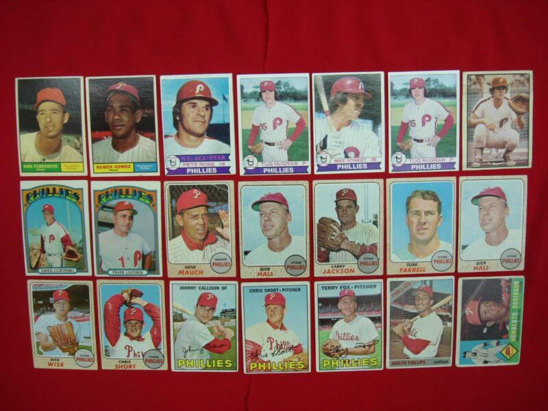 Vintage Philadelphia Phillies baseball card lot featuring Pete Rose, Tug McGraw, and Mike Schmidt from the 1960s and 1970s