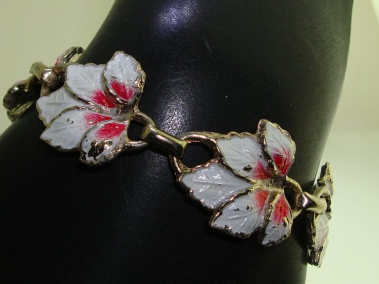 Vintage enamel leaf bracelet, gold tone with red and pink accents