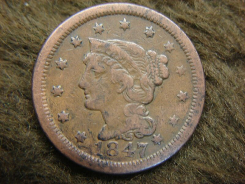 1847 U.S. Braided Hair Large Cent coin with patina