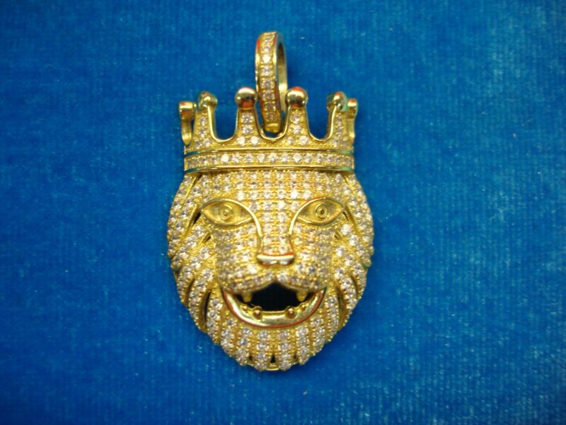 Gold vermeil lion head pendant with CZ stones, statement necklace