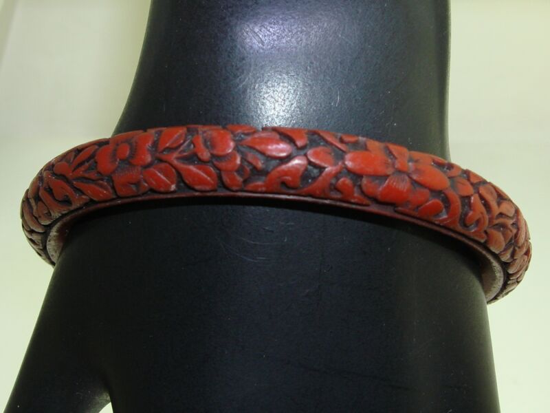 Vintage carved cinnabar floral bangle bracelet, estate find