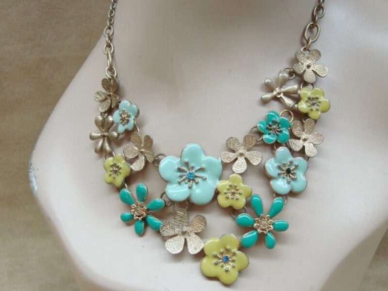 Statement Floral Bib Necklace with Enamel and Rhinestones