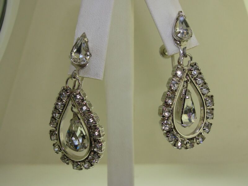 Vintage 1960s-70s foiled rhinestone dangle earrings, silver tone