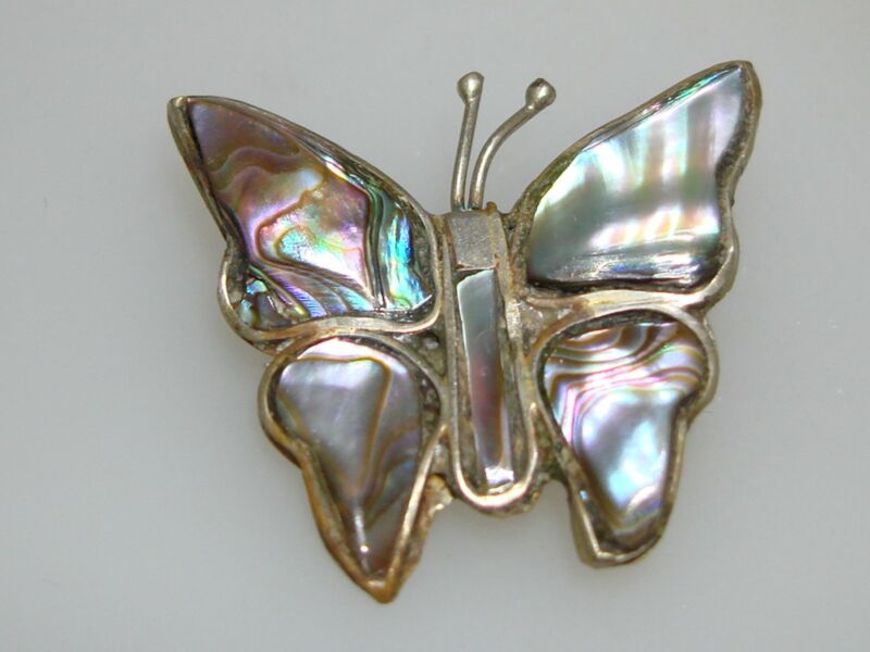 Vintage Mexico Alpaca Abalone Butterfly Pin Brooch