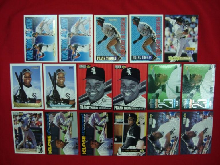 Frank Thomas baseball card lot featuring 17 parallels from Topps, Stadium Club, Upper Deck, and Collector's Choice.
