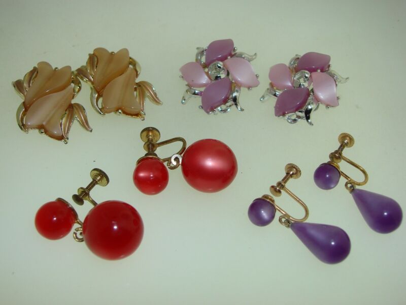 Vintage Lucite Clip-On & Screw Back Earrings Set (1950s-60s) - Red, Purple, Gold & Lavender
