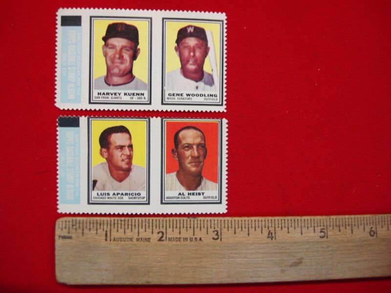 Vintage 1962 Topps Baseball Stamp Panels featuring Aparicio, Heist, Kuenn, and Woodling in excellent condition.