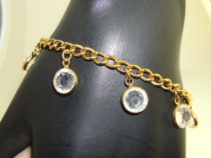 Vintage 1980s gold tone bezel bracelet with clear glass stones
