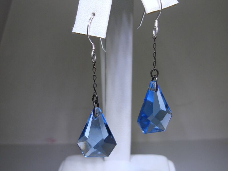 Vintage Sterling Silver Blue Glass Briolette Dangle Earrings (925)