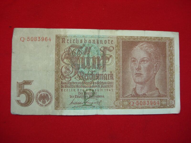 Vintage 1939 Germany 5 Mark WWII banknote