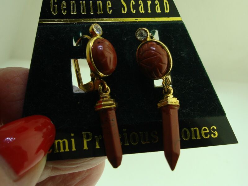 Vintage Mahogany Obsidian Scarab Earrings | New Old Stock, Gold-Tone & Original Card