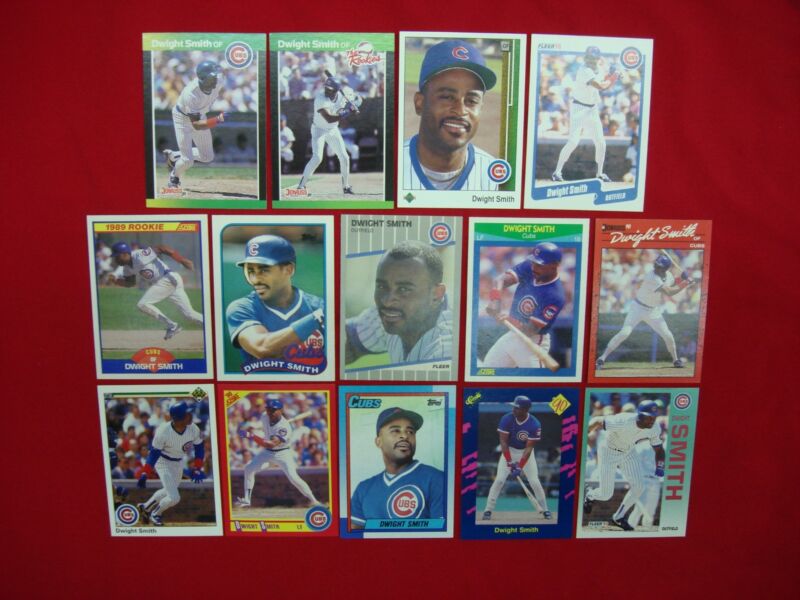 Dwight Smith baseball card collection featuring rookie and second-year cards, plus a 1992 Fleer Cubs card.