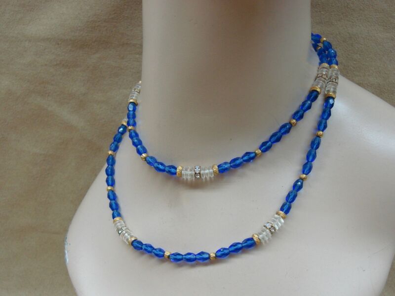 Vintage blue glass bead necklace, 1970s/80s with rhinestone accents