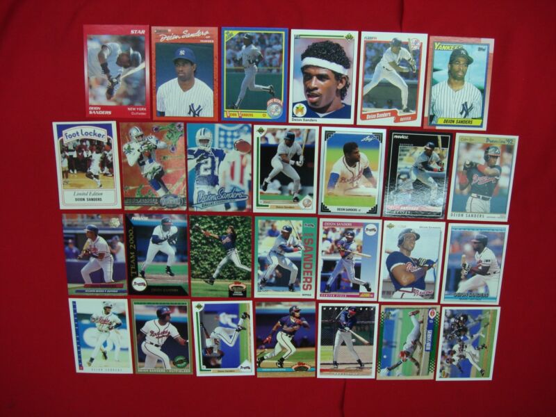 Deion Sanders sports card collection featuring MLB and NFL cards