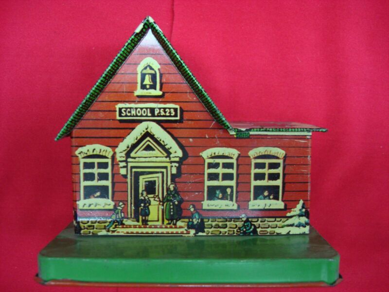Vintage tin lithograph schoolhouse bank and lollipop holder, P.S.23