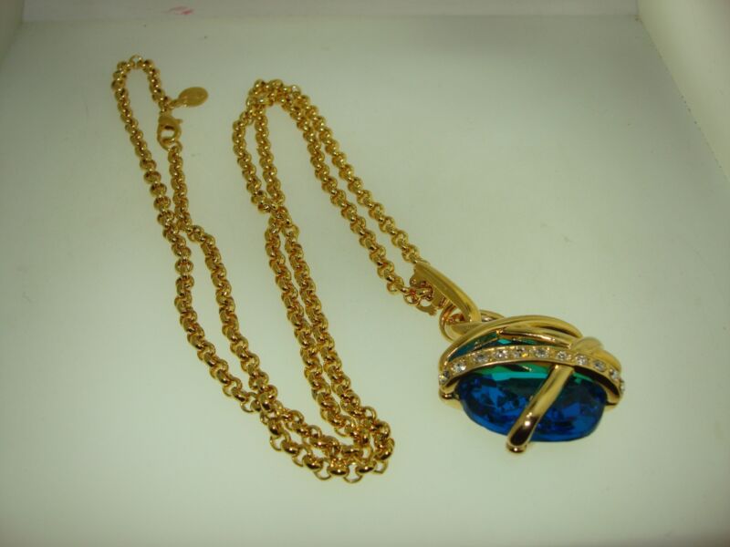 Vintage Kenneth J. Lane Gold Tone Chain Necklace with Blue Glass & CZ Pendant